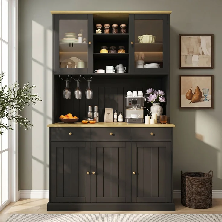 Buffetschränke, Esszimmer-Hochschrank 120×40×191 cm, mit Glastüren, Gläserhalter, mehrstufigem Stauraum, integrierter Steckdose sowie USB-C- und USB-A-Anschlüssen, Schwarze und goldene Griffe--Schwarz--120x40x191cm--YOUDENOVA – Bild 2