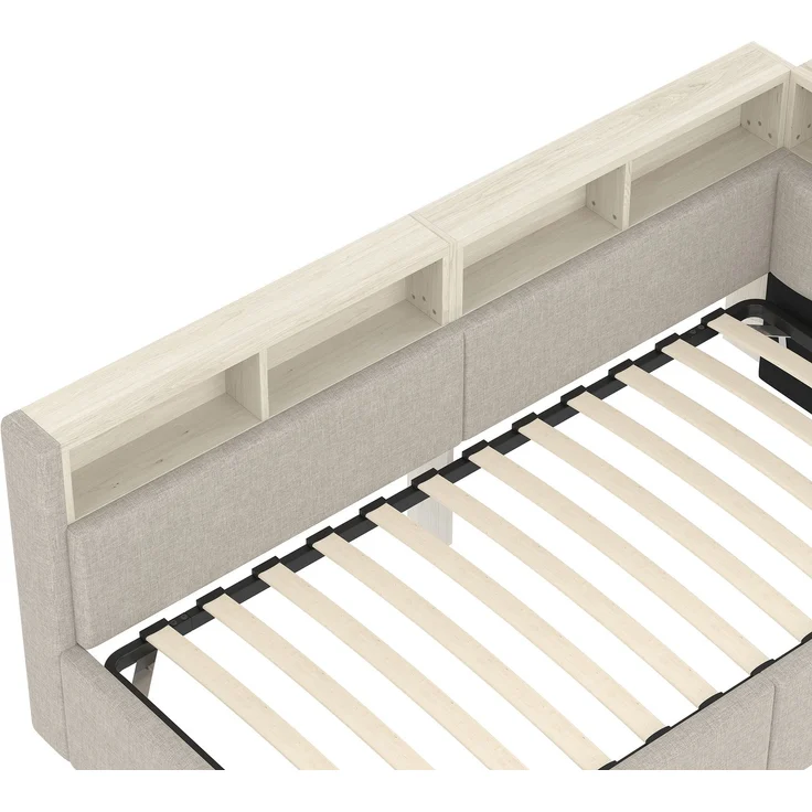 ZUBALIYA Schlafsofa / Tagesbett, mit hydraulische Aufbewahrungsfunktion und mehrfarbiger LED-Streifenbeleuchtung, 90 x 200 cm, Leinen, Beige, fürs Schlafzimmer, mit Stauraum, mit LED, Samt – Bild 18