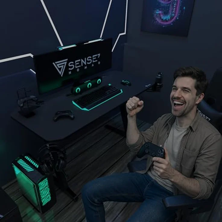 SENSE7 Schreibtisch Nomad Basic, Gaming Tisch 100x50, PC Tisch mit Kopfhörerhaken, Getränkehalter, Controller Halter, Gaming Computertisch mit Kohlefaseroberfläche, Ergonomischer Gaming Desk – Bild 3