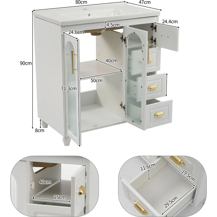 Waschtisch mit Unterschrank H 90 x T 80 x B 47 cm aus MDF in Weiß, mit Keramikbecken – Bild 4