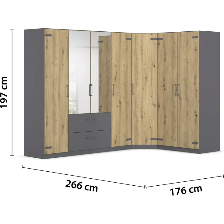 Eckkleiderschrank >Butte< in Eiche Artisan Dekor / grau - 266x197x176 (BxHxT) – Bild 4