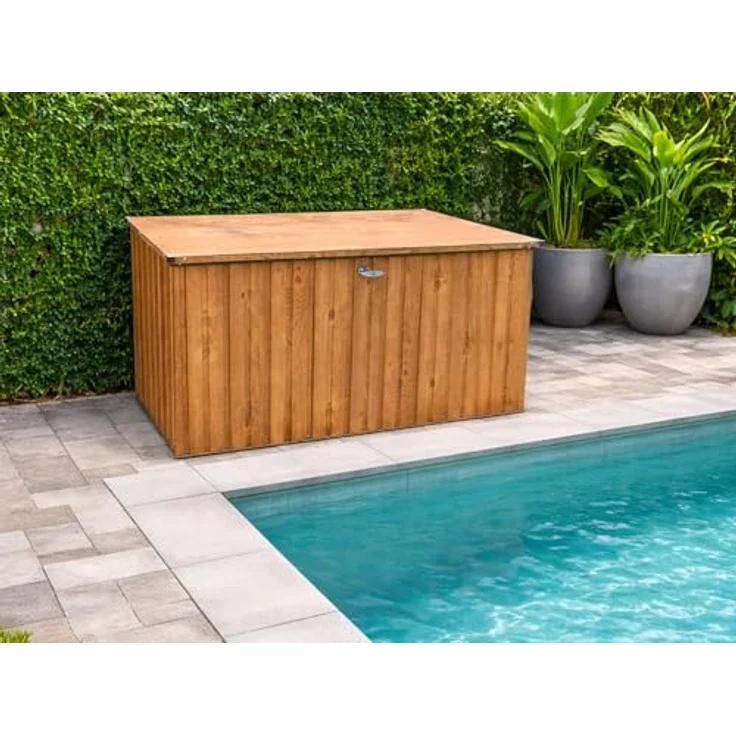 Duramax DH 1.9 (1450 L) Kissenbox aus Metall mit hydraulischer Gasdruckfeder und Vorhängeschlossöse, Terrassenbox und Gartenmöbelaufbewahrung für den Außenbereich, Holzmaserung – Bild 5