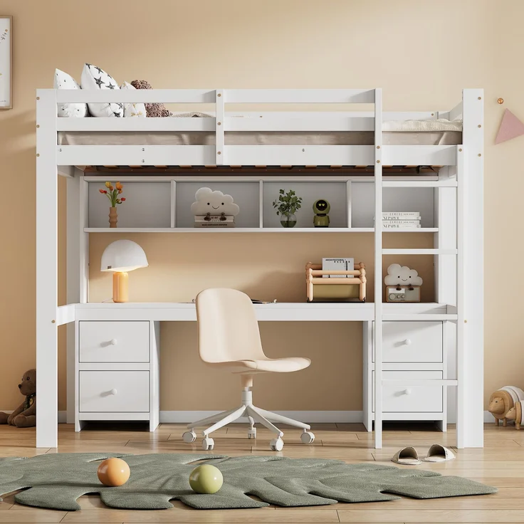 Hochbett 90x200 cm mit Schreibtisch und Stauraum,Kinderbett aus massivem Kiefernholz,Multifunktionsbett mit 4 Schubladen und 4 Regalfächern,Weiß – Bild 1