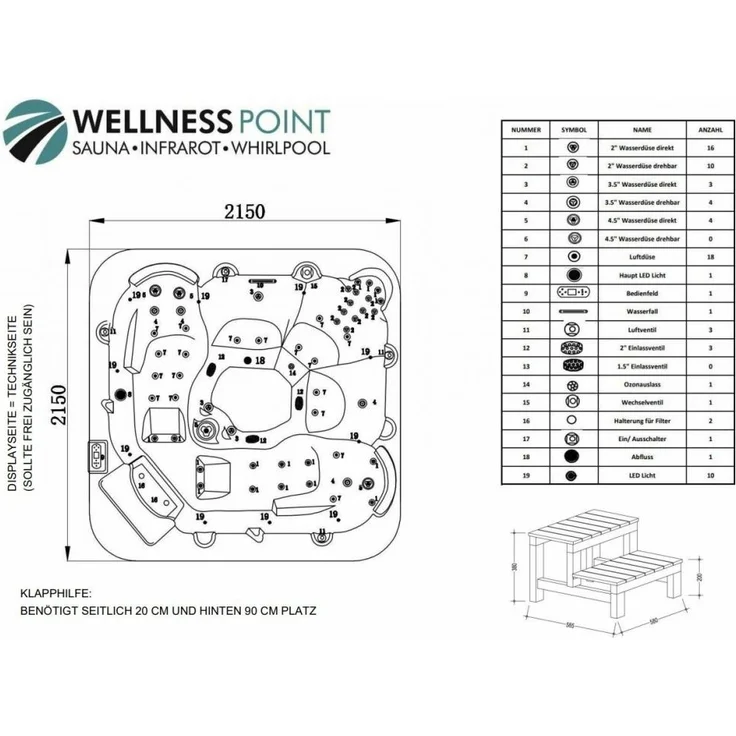 PureHaven Outdoor-Whirlpool 215x215 cm für 5 Personen mit 53 Massagedüsen Heizung Farblicht und Thermoabdeckung UV-Wasseraufbereitung 2 Liegeflächen – Bild 13