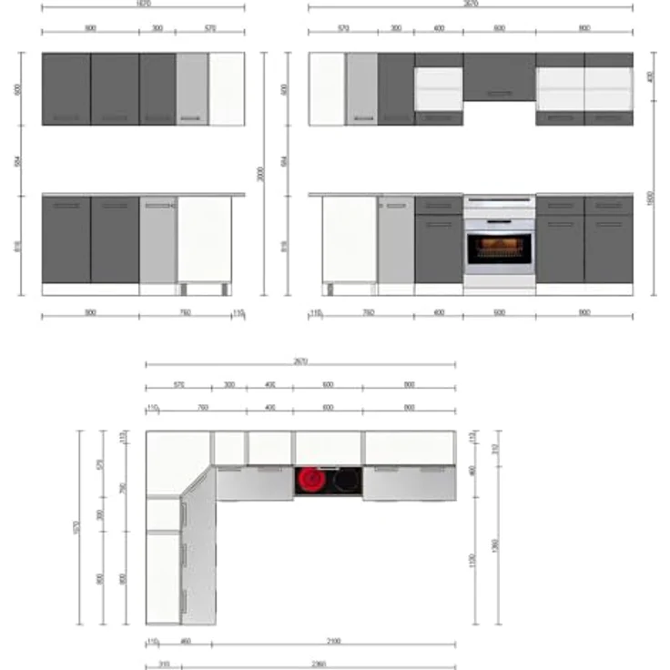 Eckküche Rick Anthrazit Hochglanz/Weiß 270 x 60 cm , AP Marmor mit LED-Leisten Vicco – Bild 4