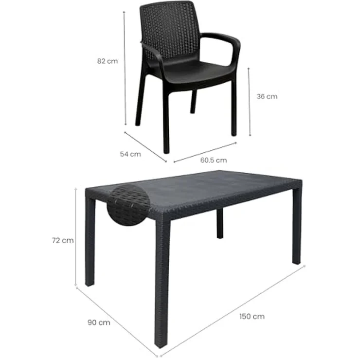 Dmora - Outdoor Lounge Set Tarquinia, Outdoor und Indoor Lounge Set, Feststehender rechteckiger Tisch mit 4 stapelbaren Stühlen, Made in Italy, Anthrazit – Bild 3