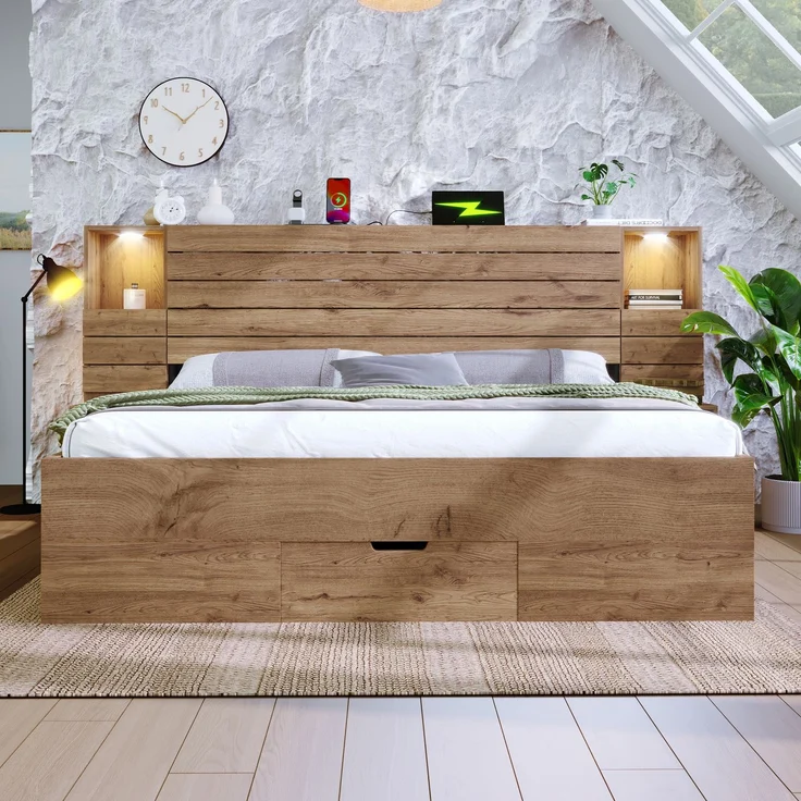 Holzbett 180x200 cm, Doppelbett und Erwachsenenbett, mit LED-Downlights, USB & Type-C Ladestation und schwebenden Nachttischen, Eichenoptik – Bild 2