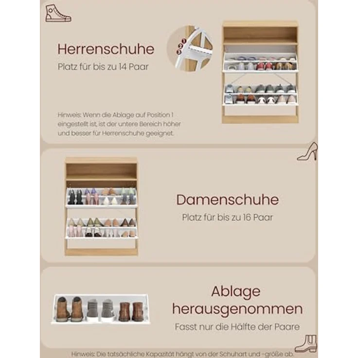 VASAGLE Custos Kollektion - Schuhschrank, Schuhkipper, Schuhaufbewahrung, offenes Fach, Trennwand verstellbar, 2 Klappen, 24 x 80 x 102 cm, 14-16 Paar Schuhe, goldeichenfarben-wolkenweiß LBC048YA02 – Bild 7