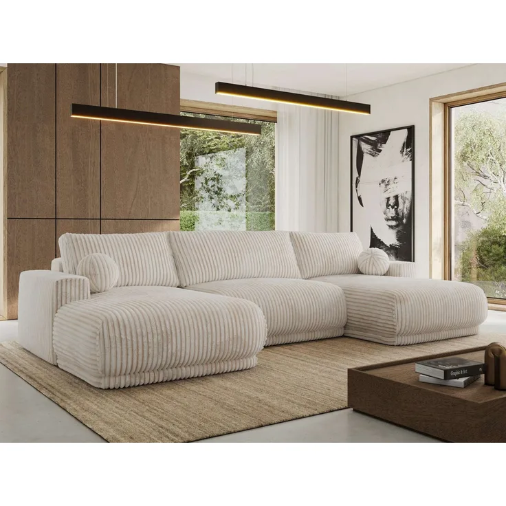 XXL Wohnlandschaft RINA U-Form 360 cm breit, Sofa mit Schlaffunktion & DL-Mechanismus, Wellenfederung, modern freistehend - Beige Cord