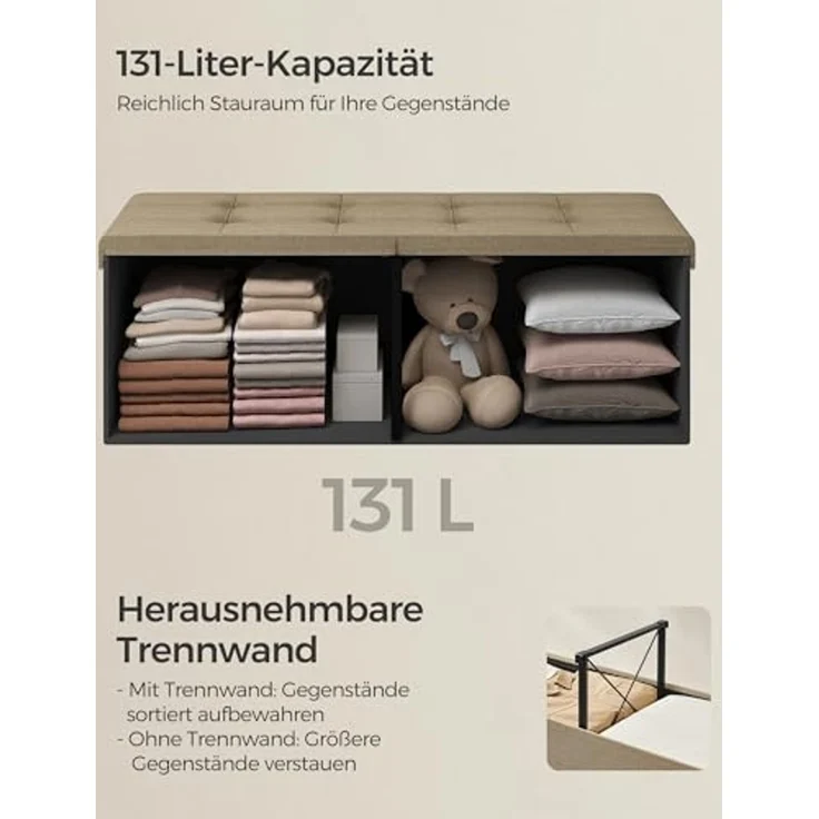 Songmics Sitzbank mit Stauraum, klappbare Sitztruhe, Aufbewahrungsbox, 38 x 110 x 38 cm, Deckel klappbar, bis 300 kg belastbar, für Flur, Wohnzimmer, Schlafzimmer, Kamelbraun LSF076K01 – Bild 5
