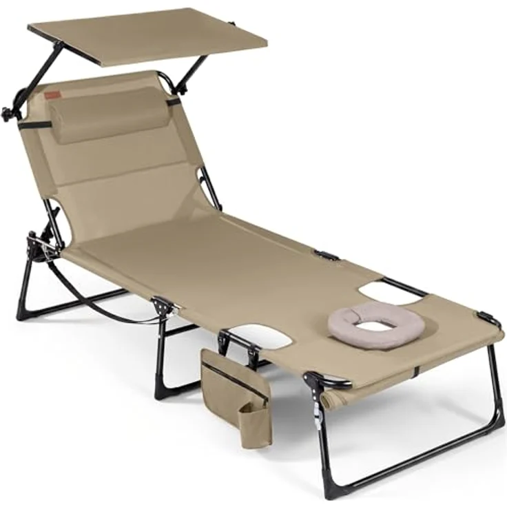Homecall XXL Sonnenliege mit Gesichtsöffnung & Sonnendach, 200 x 70 cm Gartenliege für Bequeme Bauchlage, klappbarer Liegestuhl mit 4-Fach Verstellbarer Rückenlehne, bis 180 kg (1, Beige) – Bild 1