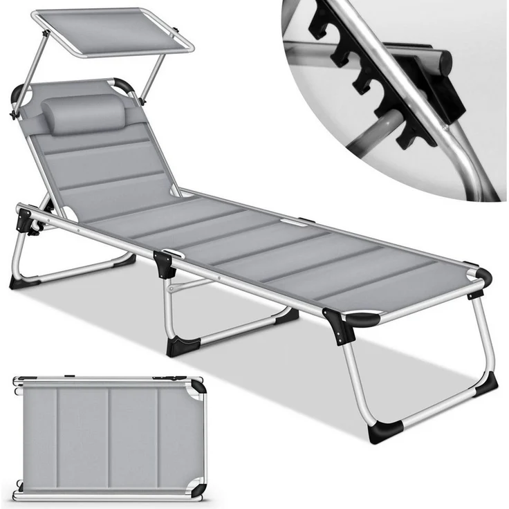 tillvex® Sonnenliege mit Dach und Kopfkissen Grau - Premium Polsterung | Gartenliege Liegestuhl klappbar | Strandliege mit verstellbarer Rückenlehne, gepolsterte Liegefläche | Aluminium Liege – Bild 1
