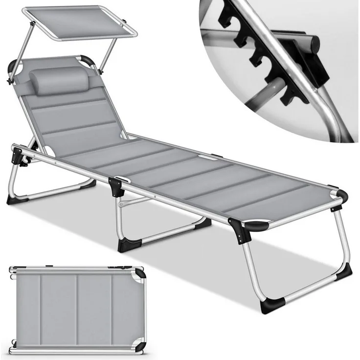 tillvex® Sonnenliege mit Dach und Kopfkissen Grau - Premium Polsterung | Gartenliege Liegestuhl klappbar | Strandliege mit verstellbarer Rückenlehne, gepolsterte Liegefläche | Aluminium Liege
