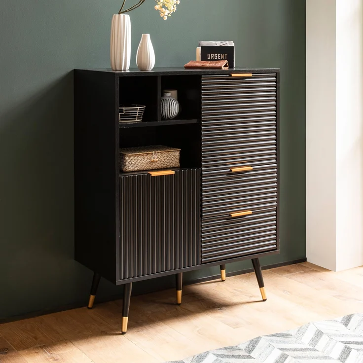 FINEBUY Kommode FB103427 (77x97x40 cm Eiche-Optik Schwarz, Kommode Modern), Anrichte, Standschrank mit 2 Türen & Schubladen – Bild 1