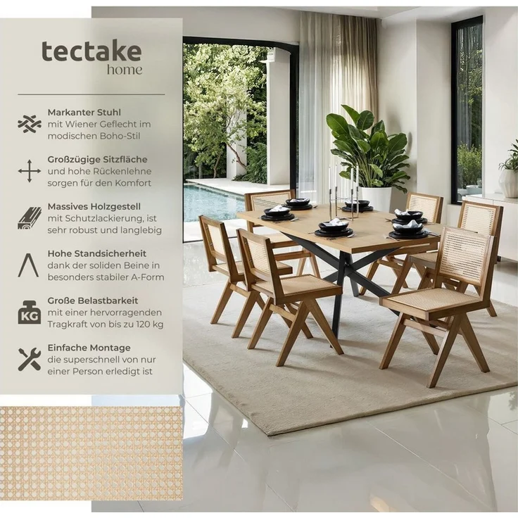 tectake Esszimmerstuhl Holzstuhl im Boho-Stil, Belastbarkeit 120 kg, 48,5 x 53,5 x 83 cm (Massivholzstuhl Lissy in Eiche hell, 1 St), Sitzfläche mit Wiener Geflecht, massives Holzgestell mit Lackierung – Bild 2