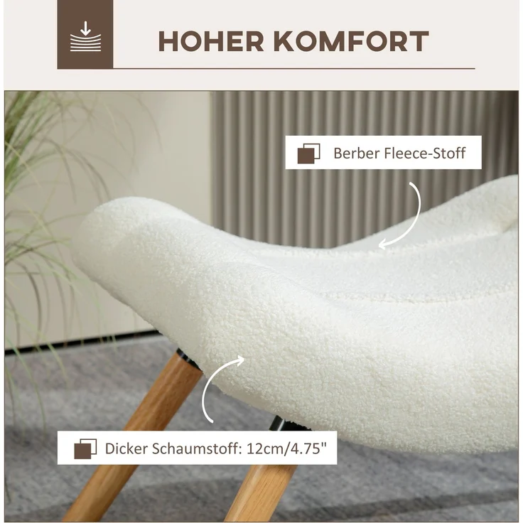 Moderner Fußhocker mit Fleece-Bezug und Holzbeinen, gepolstert, für Wohnzimmer, Schlafzimmer, Flur, Cremeweiß--Cremeweiß--67x45x38cm--YOUDENOVA – Bild 8
