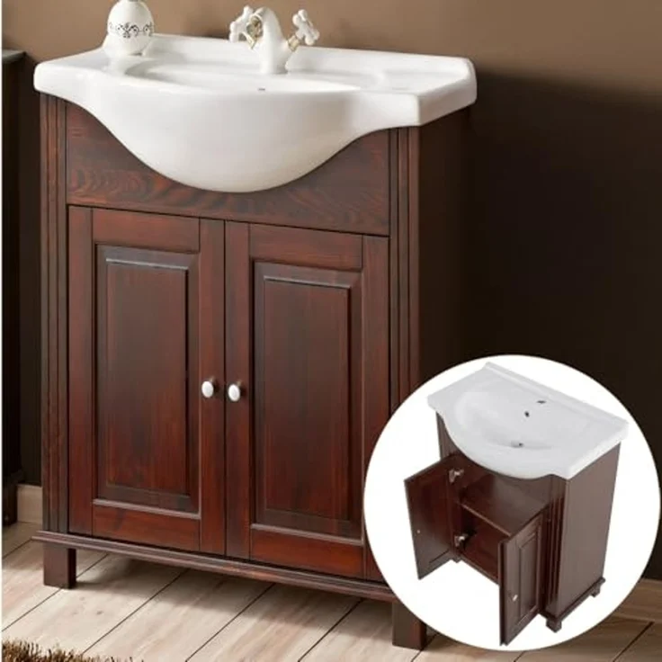Lomadox Badmöbel-Set AVEIRO-56, (Spar-Set, 5-St), inkl. 65 cm Keramik-Waschbecken Pinie Massivholz braun 226/180/44 cm – Bild 2