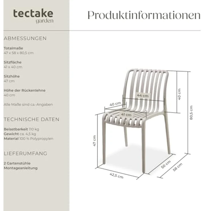 tectake Gartenstuhl Balkonstuhl, stapelbar, Belastbarkeit 110 kg, 47 x 58 x 80,5 cm (Terrassenstuhl Alcudia für Außen in Taupe, 2 St), wetterfest und UV-beständig, pflegeleicht, rutschfeste Gummischoner – Bild 4