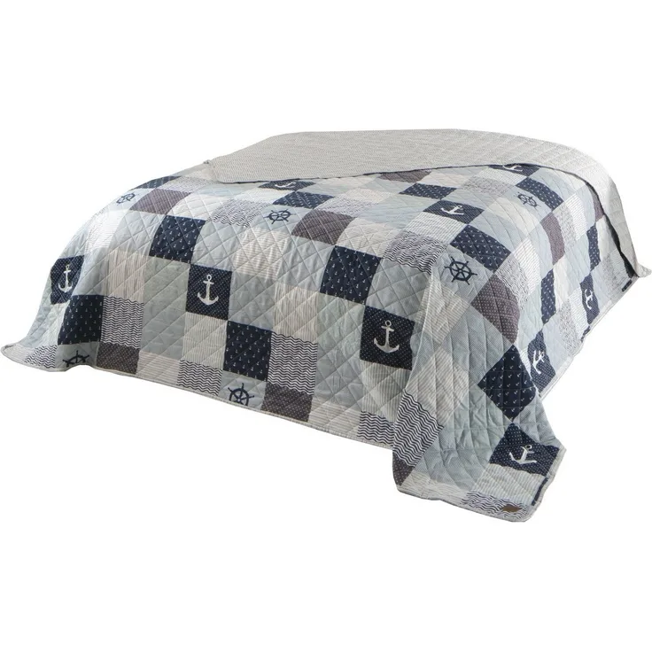 Delindo Lifestyle Bettüberwurf Patchwork maritim Anker blau, Patchwork