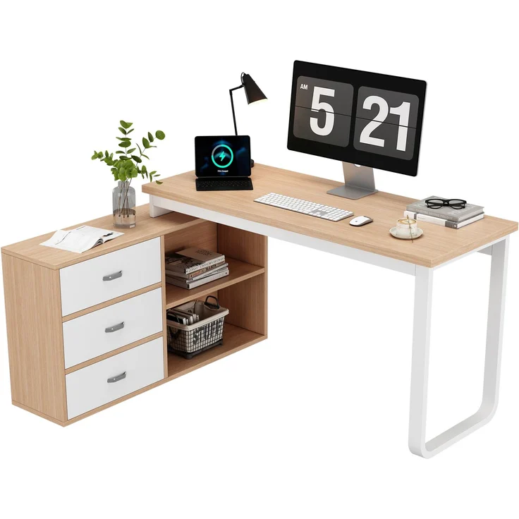 Flieks L-Form Schreibtisch 147×100×75.3 cm, Bürotisch mit 3 Schubladen & 2 offenen Ablagefächern, massiver Stahlrahmen, Naturholzfarbe & Weiß – Bild 10