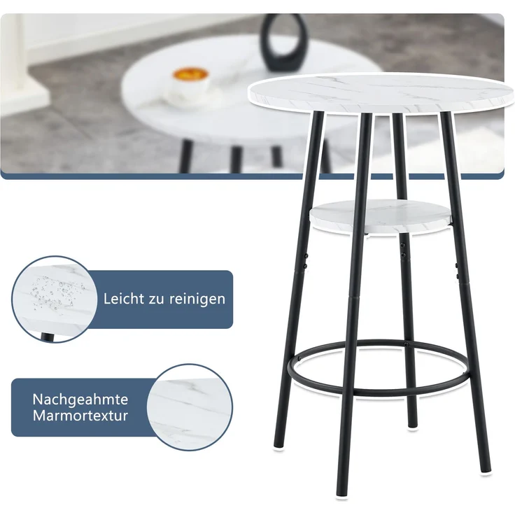 EINHOM Moderner Bartisch mit Stauraum, Weißer Marmoroptik und Schwarzem Metallrahmen, Durchmesser 60 cm, Höhe 89 cm, Zeitgemäßer Stehtisch für Küche, Esszimmer und Café – Bild 4