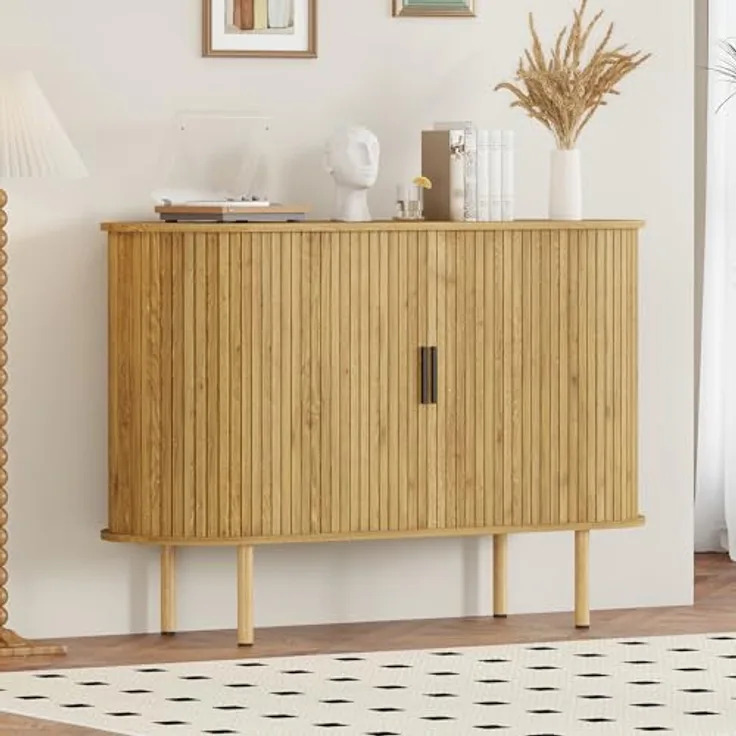 GarveeHome Ovales Sideboard, Buffet mit Schiebetüren, 2-stöckiger Wohnzimmerschrank mit verstellbaren Einlegeböden, für Wohnzimmer, 120 x 40 x 80 cm