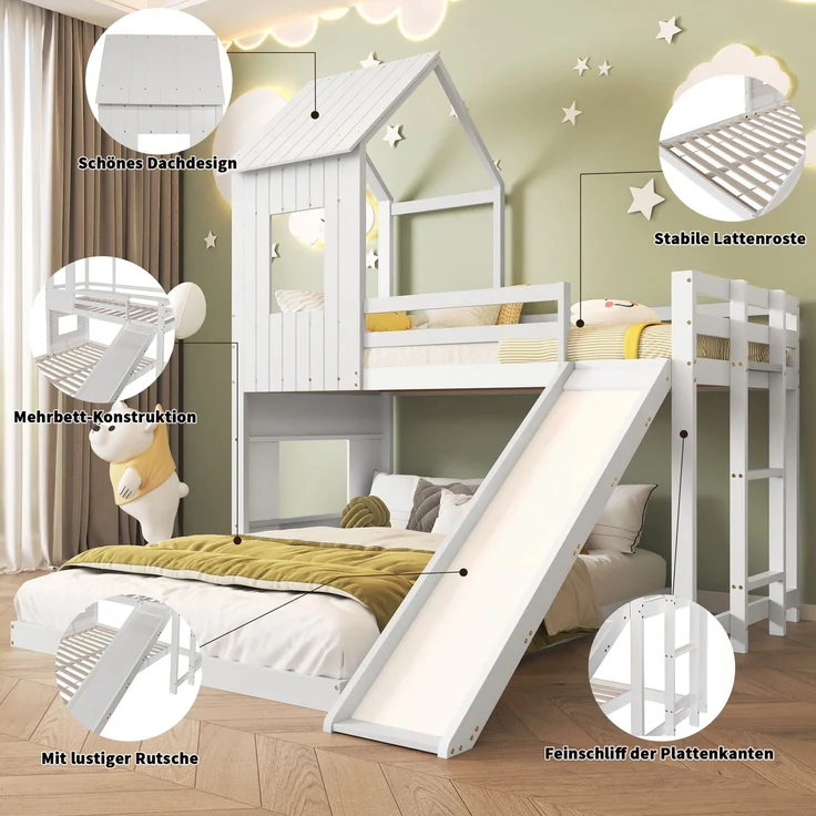Etagenbett Kinderbett Hausbett mit Rutsche 90×200 & 140×200 cm weißes Kiefer-MDF Hochbett mit Leiter und Spielbereich – Bild 7