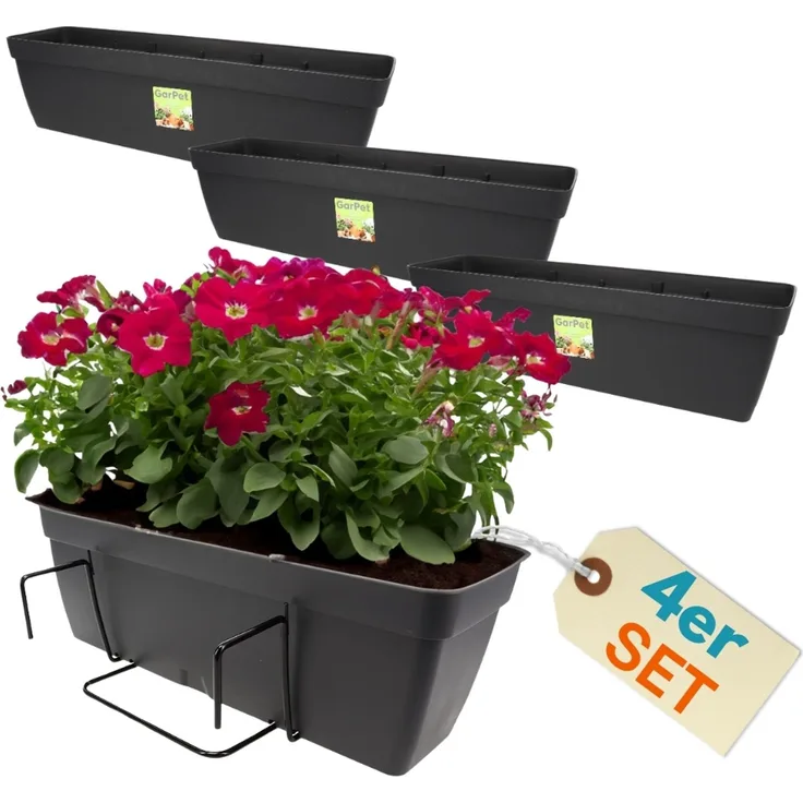 GarPet Balkonkasten 4x Blumenkasten Balkon Geländer Kasten Halterung Wasserspeicher 50 cm