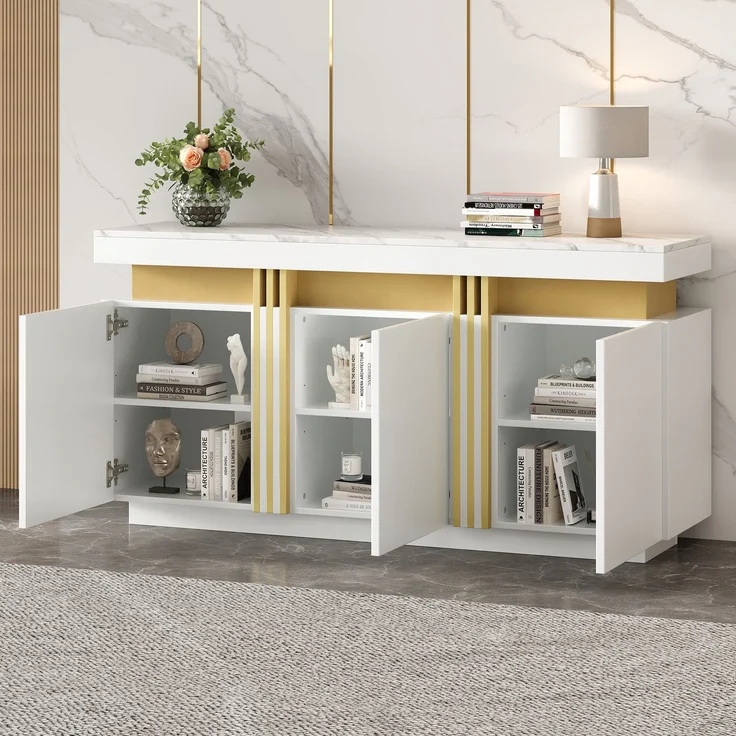 Merax weißes Sideboard, mit 3 Türen, Esszimmerschrank mit verstellbaren Trennwänden, Platin-Nähte – Bild 3