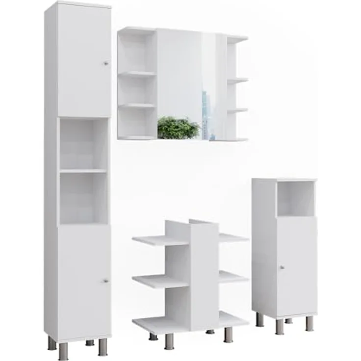 Vicco Fynn Badmöbelset, Weiß, mit Waschbeckenunterschrank, Spiegelschrank, Hochschrank und Midischrank