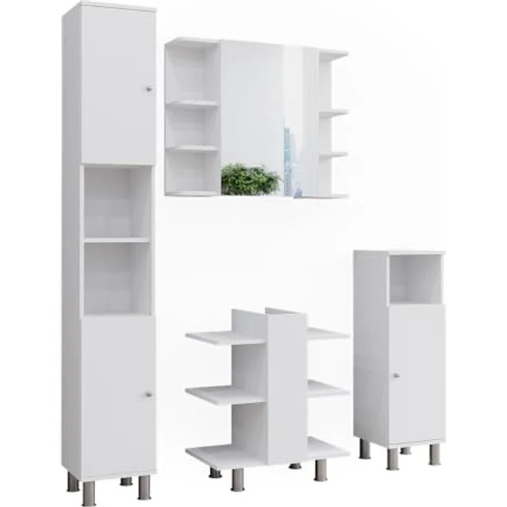 Vicco Fynn Badmöbelset, Weiß, mit Waschbeckenunterschrank, Spiegelschrank, Hochschrank und Midischrank – Bild 1