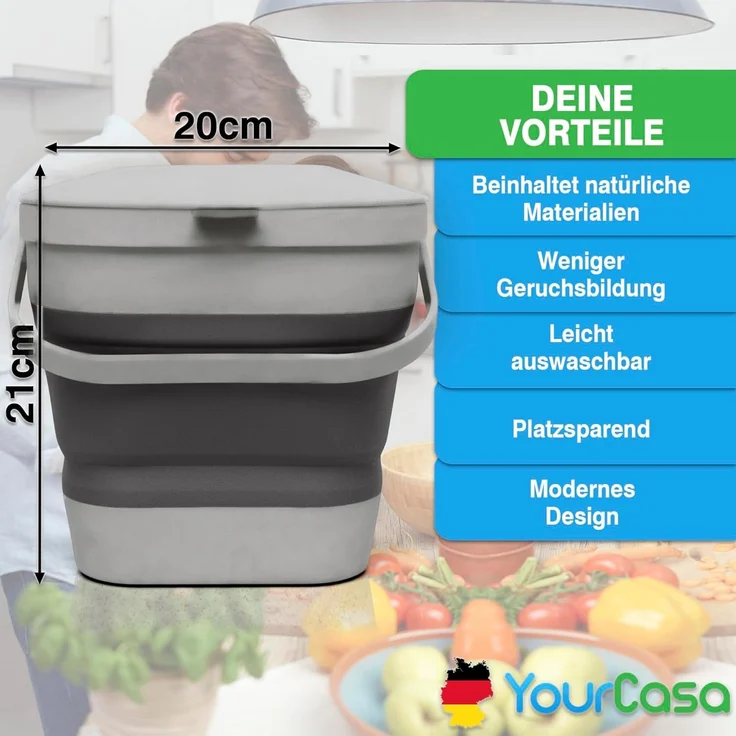 YourCasa Biomülleimer YourCasa® Biomülleimer Küche klein 4L nachhaltig mit Akivkohlefilter, Fassungsvermögen 4L, nachhaltige Materialien – Bild 7