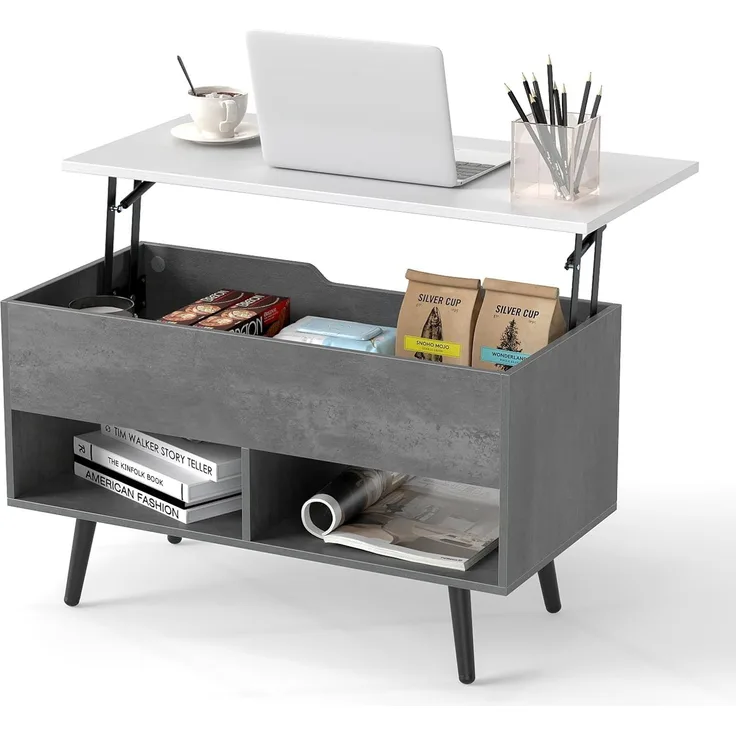 FANTASK Couchtisch mit Anhebbarer Platte, Wohnzimmertisch höhenverstellbar mit anhebbarer Tischplatte & 2 offenen Regalen, Kafeetisch Holz für Wohnzimmer, Büro, 80 x 40 x 44,5-58cm (Grau)