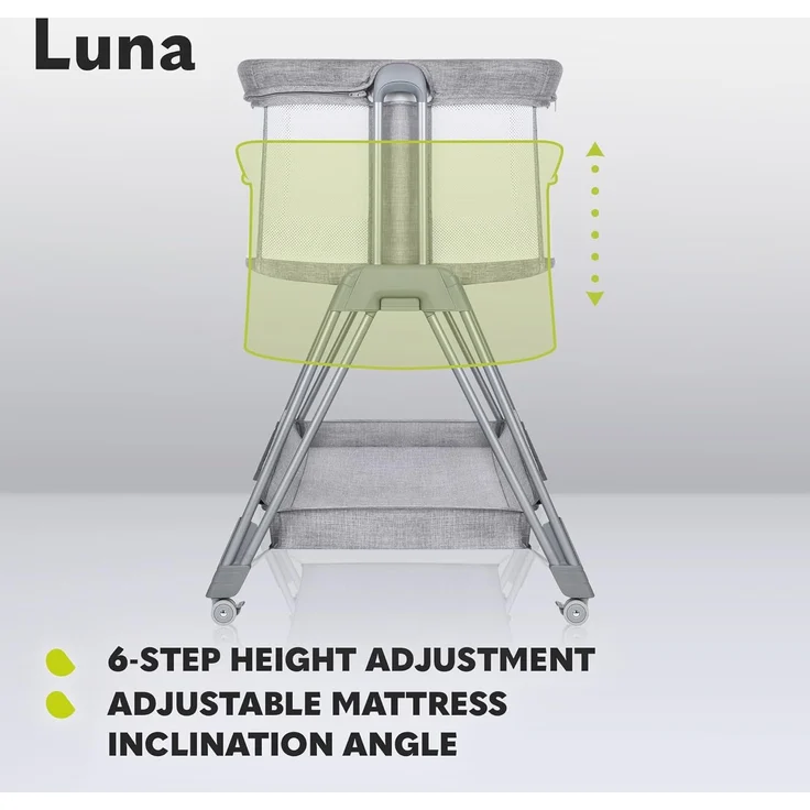 lionelo Luna 2-in-1 Nachttisch für Babys von Geburt bis 9 kg, mit Verstellbarer Höhe und Neigung, 4 feststellbare Räder, tragbar, atmungsaktiv, Netzgewebe, waschbare Matratze und Bezugskorb – Bild 3