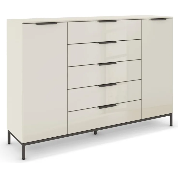 Rauch Möbel Flipp, Nachttisch für Schlafzimmer, Kinderzimmer, Wohnzimmer, Flur, Garderobe, 2-türig, 5 Schubladen, mit Softclose-Funktion, Griffe und Metallkufe Graphit, Farbe Glas Beige, Breite 160 cm