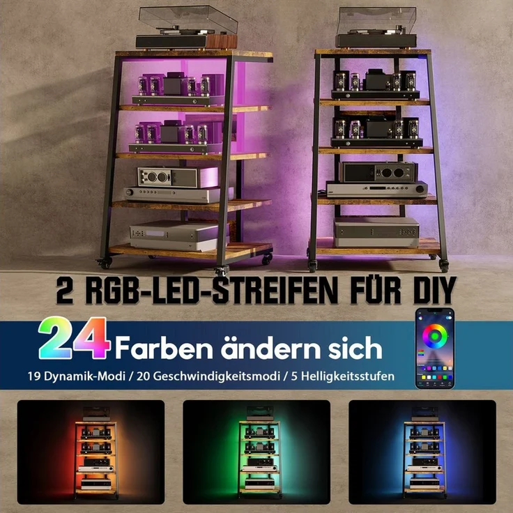 XIIW Media-Board TV-Regal HiFi-Rack mit RGB-LEDs & 4 Rollen TV Rack TV Ständer (5 Etagen, 60 x 52 x110 cm), Media-Regal mit 2 RGB-LEDs per App, Verstellbaren Ablagen, bis 140 kg – Bild 3