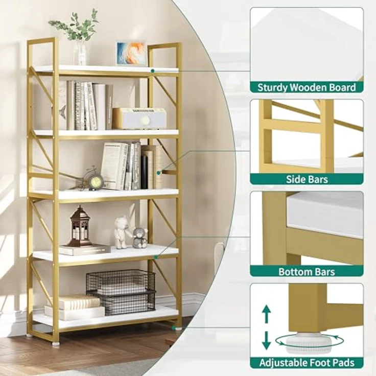 YITAHOME Bücherregal mit 5 Ebenen, Großes Standregal, Holzregal und Metallrahmen, Industrieregal, Bodenstehendes Lagerregal, für Wohnzimmer, Home Office, Gold Regal – Bild 6