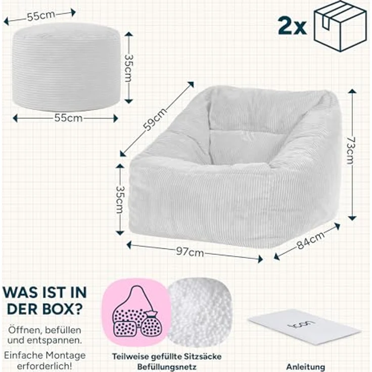 Icon Natalia Sitzsack Sessel mit Hocker für Erwachsene, Rosa, Flauschiger Cord Stoff, Riesen Sitzsack Cord mit Füllung, Bean Bag Chair, Bequemer Sessel Wohnzimmer, Lounge, Schlafzimmer, Büro – Bild 3