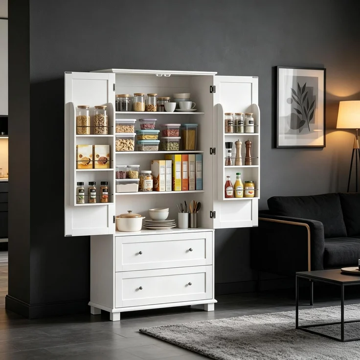 Hochküche Buffet, Küchenschrank 2 Türen, 2 Schubladen, 6 Tragstelle, verstellbare Regale(nur mit 1pcs Hochküche Buffet)--Weiß--80x39.5x184.5cm--YOUDENOVA – Bild 8