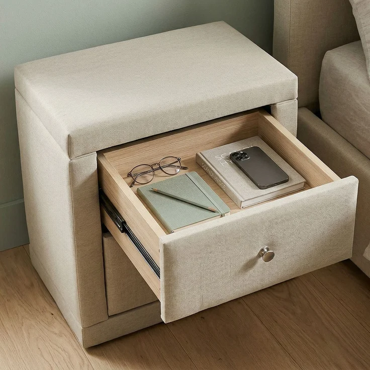 Nachtschrank 2er Set 2 Nachttische mit Schubladen Nachtkommode Beistelltisch Stoff Beige Schlafzimmer – Bild 10