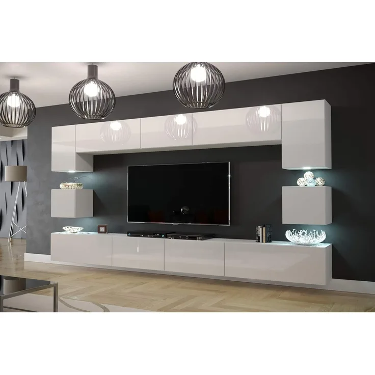 Furnitech Modernes TV Möbel mit LED Beleuchtung Schrank Wohnschrank Wohnzimmer Schrankwand Wohnwand Mediawand Nowara 1C (AN1-17W-HG21 1C, LED weiß)