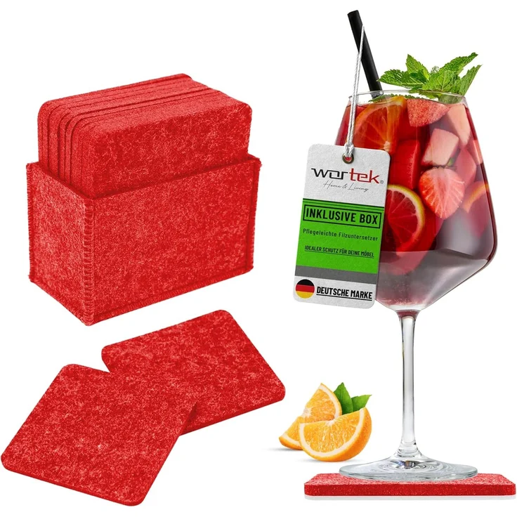 wortek Getränkeuntersetzer Filz-Untersetzer Eckig für Gläser 10er Set + Box, Zubehör für Tisch & Gläser, Set, 10-tlg, waschbare Getränke Glasuntersetzer Gläser, Tischuntersetzer Filz 10 cm