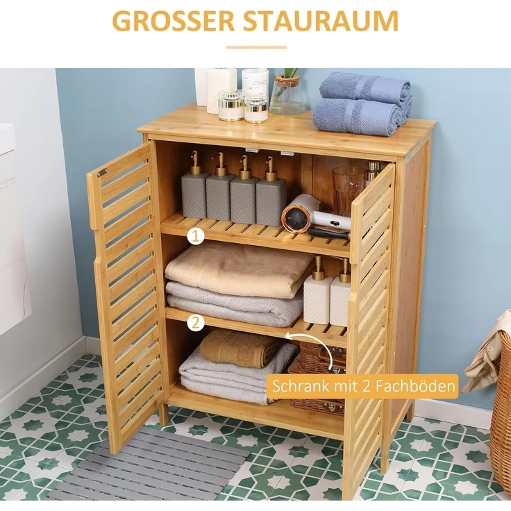 Kleankin Badkommode Badezimmerschrank, Badschrank (Beistellschrank mit 2 Lamellentüren, Innenregalen, 1 St, Bambus Aufbewahrungsschrank für Badezimmer), 68 x 32 x 86 cm, Natur – Bild 4