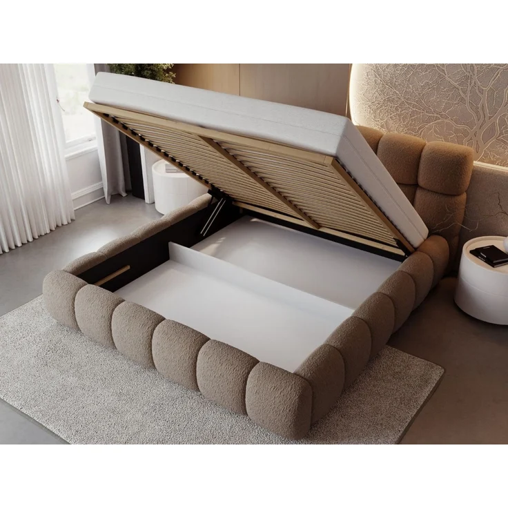 GRAINGOLD Modo Polsterbett 120x200, Doppelbett mit Kopfteil, groß Stauraum, Bouclé-Stoff, Braun – Bild 5