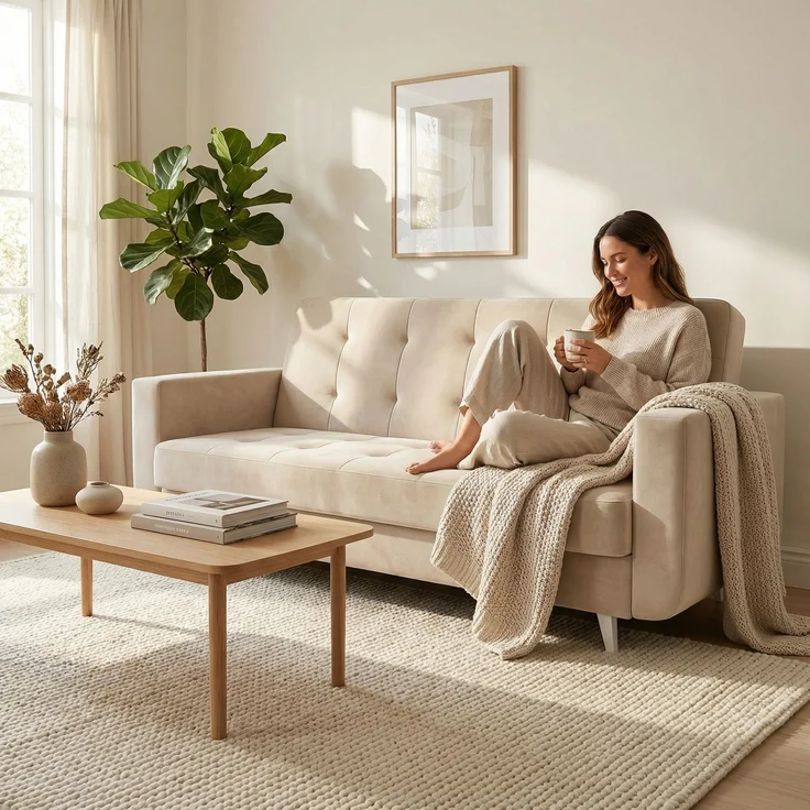 Wohnero 24 Nomi Premium Schlafsofa 218x92 cm mit Bettkasten – 120x187 cm Liegefläche, 3-Sitzer Sofa mit Schlaffunktion & Wellenfeder - Creme – Bild 1