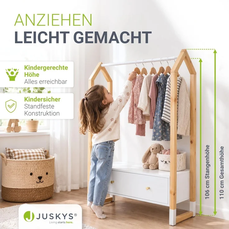 Juskys Kinder Kleiderständer Filla - große Schublade, Kleiderstange, offener Ständer - Kindergarderobe aus Holz - Mädchen & Jungs - Garderobe Weiß – Bild 3