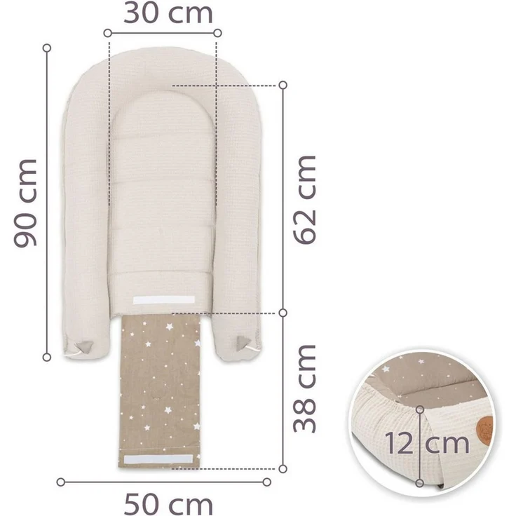 Babynest Neugeborene Nestchen Baby 90x50 cm - Kokon Handmade zweiseitig aus Baumwolle Waffel mit Babynestchen Beige mit Weiß Sternen – Bild 2