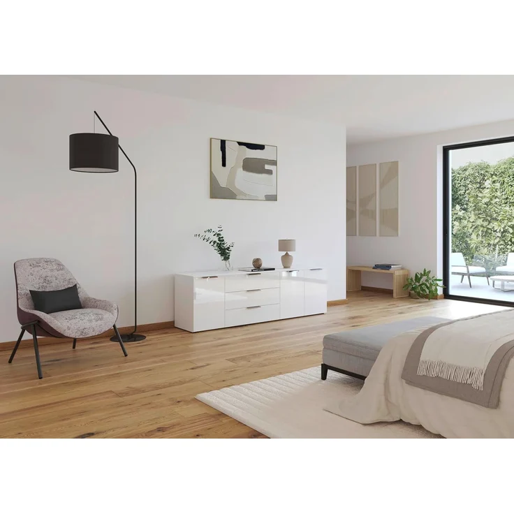 Rauch Möbel Flipp, Sideboard, TV-Schrank, Kommode mit Stauraum, Alpinweiß/Glasfront Weiß, 3-türig, Glastüren, 3 Schubkästen, Griffe Chrom, 199 x 61 x 42 cm – Bild 2