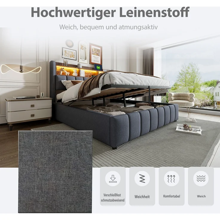 Polsterbett 180*200cm mit LED-Beleuchtung und USB-Steckdose, Kopfteil mit Einlegeböden und Stauraum, Mit Hydraulik für die Lagerung, Erwachsenenbett Doppelt, Leinenstoff Grau – Bild 3