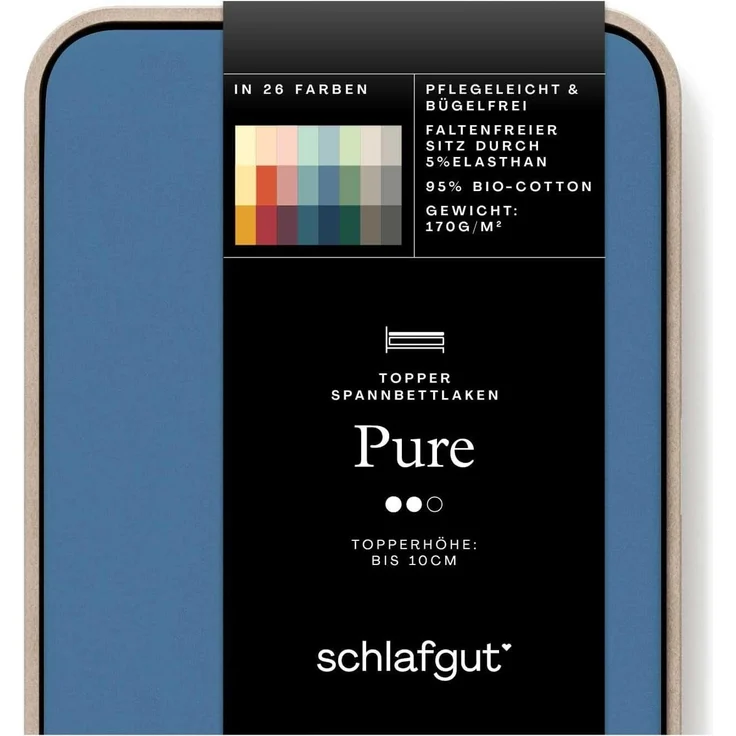 Schlafgut 'PURE TOPPER' Spannbettlaken, für Topper bis 10 cm Höhe, Blue Mid, XL 180x200cm - 200x220cm, 100% Bio-Baumwolle